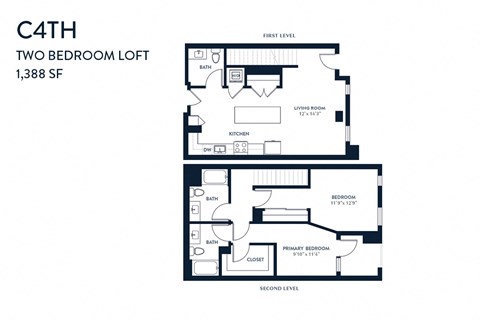 Floor plan for 2 beds, 2.5 baths, 1388 sqft